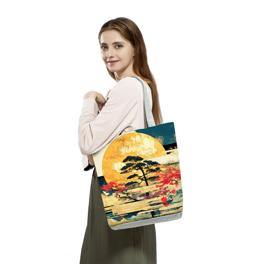 Japan Ukiyoe Print Handbags Groceries Kimono Woman Shopping Bags Women Large Capacity Shoulder Bag Chrysanthemum Portable Tote