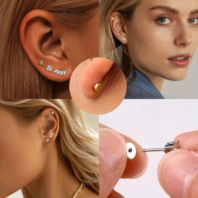 2/6Pcs 20G Novel Stainless Steel Hypoallergenic Flat Back Stud Earrings,Tiny CZ Cartilage Trgus Helix Percing Jewelry Set