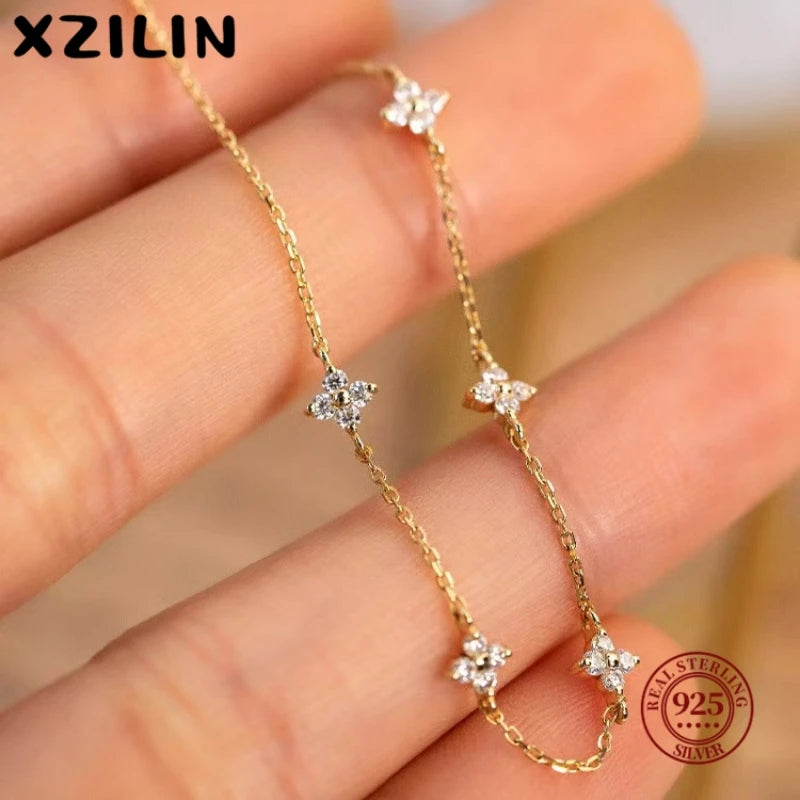 S925 Sterling Silver Zircon Flower Bracelet - 18K Gold Korean Design
