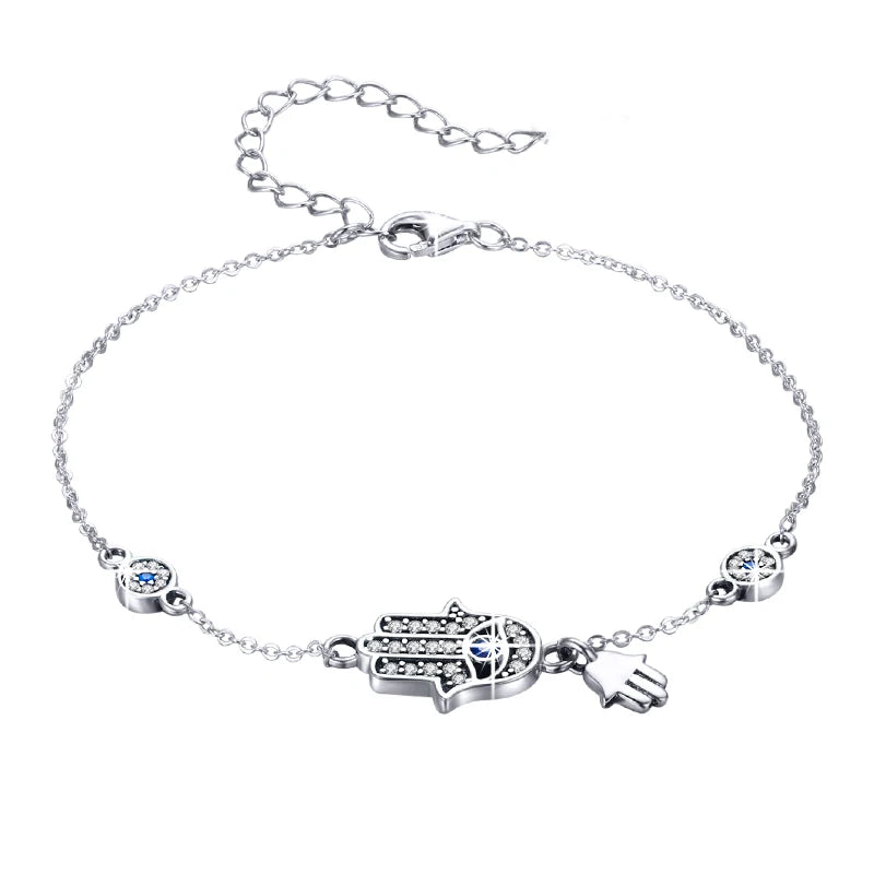 BAMOER 925 Sterling Silver Fatima Hand Lucky Chain Link Bracelet Blue Evil Eye Lobster Clasp Adjustable Hamsa Chain Bracelet