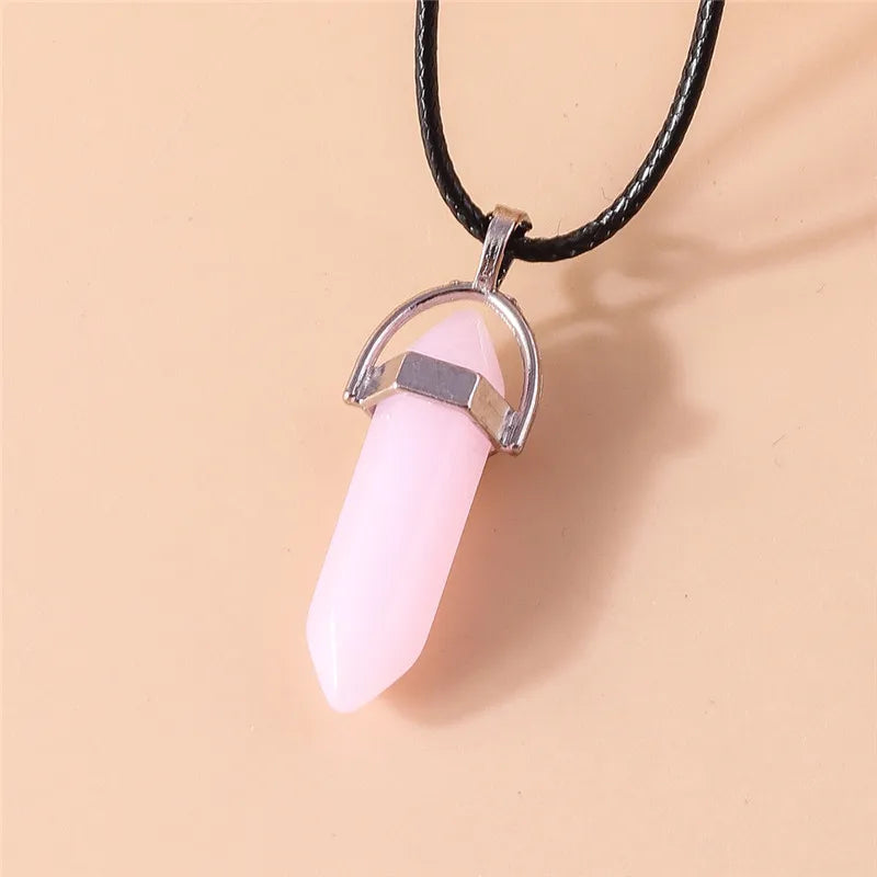 Natural Stone Quartz Lapis Opal Amethyst Pink Crystal Stone Hexagonal Column Pendant Necklaces Leather Chain Bullet Necklace