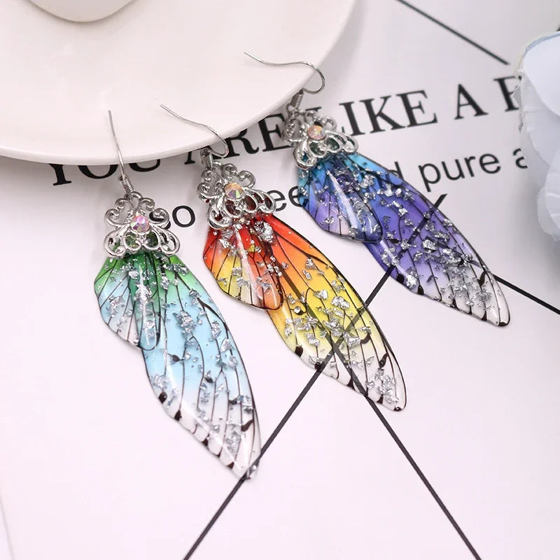 Handmade Fairy Simulation Wing Earrings Insect Butterfly Wing Drop Earrings Foil Rhinestone Earrings Romantic Bridal Jewelry