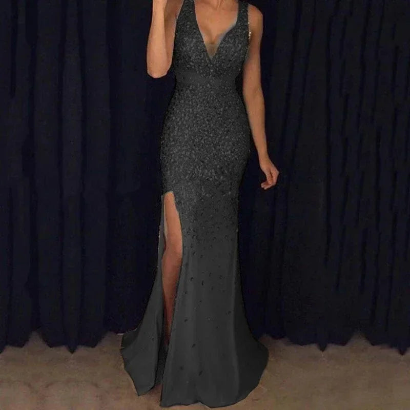 Fmxires 2025 Gold Dress - V-Neck Split Long Evening Gown