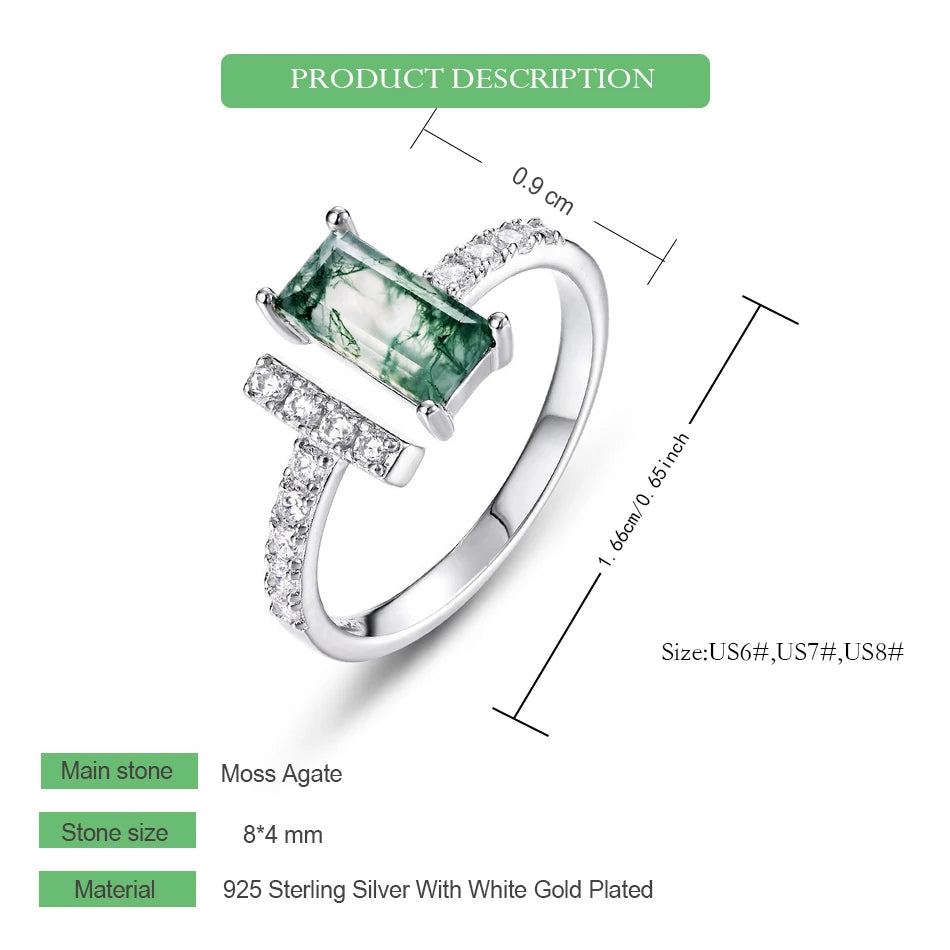 WES 925 Sterling Silver Open Ring for Woman Classic Unique Green Moss Agate Crystal Ring Engagement Gift Wholesale Oval Cut