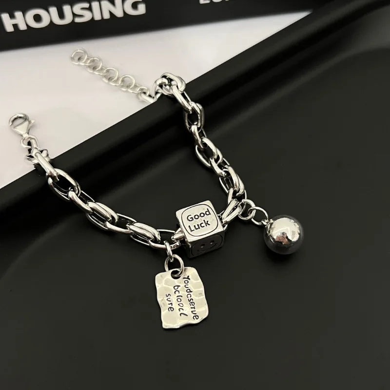 New 925 Silver Geometric Bead Punk Peace of Mind Words Irregular String Bracelet For Woman Girl Fashion Jewelry Gift Dropship