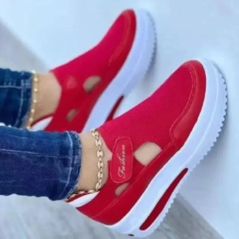 Red Sneakers Women Tennis Canvas Platform - Hollow Out Sport Shoes