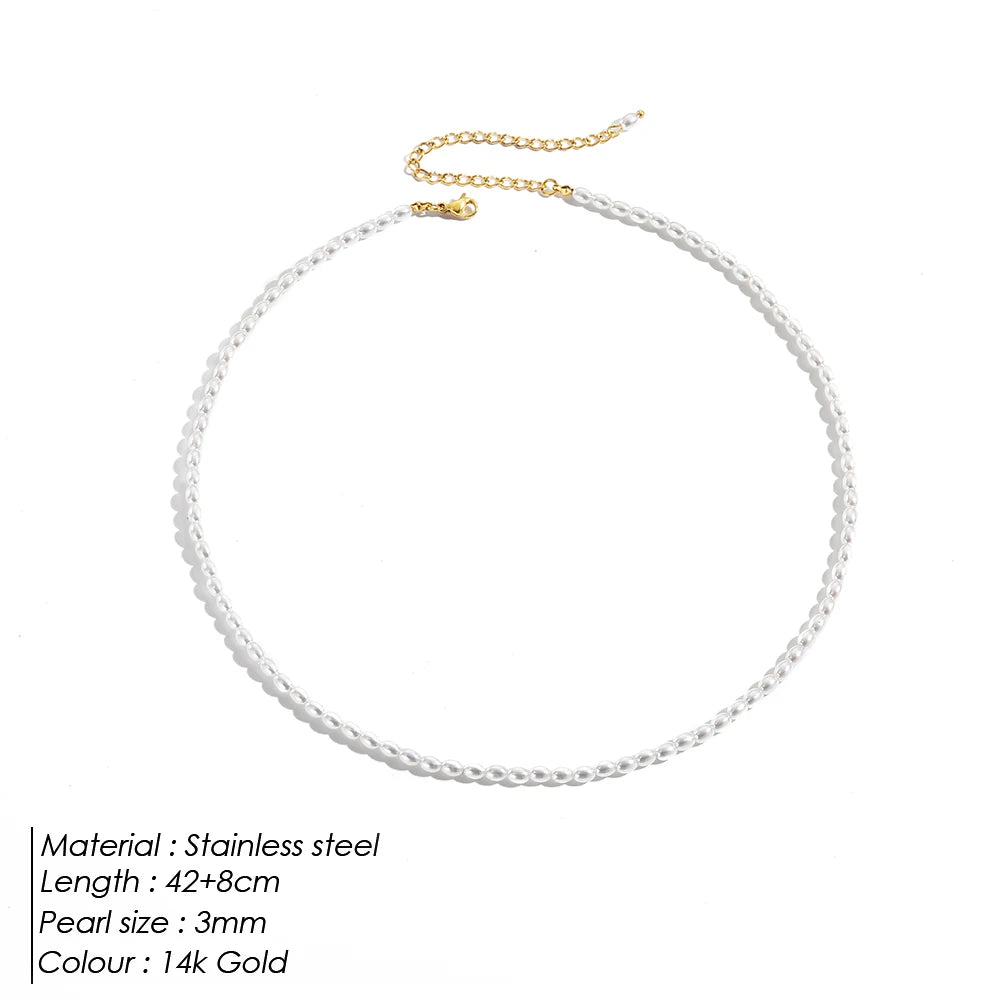 eManco 3MM Imitation Pearl Necklaces Oval White Stainless Steel Necklace Women's Collarbone Chain