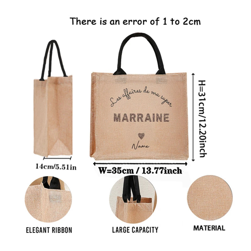 Customizable with Name Leopard Letter for Tata Marraine Garland Patterns Jute Tote with Hand Shopping Bag for Godparents Gifts