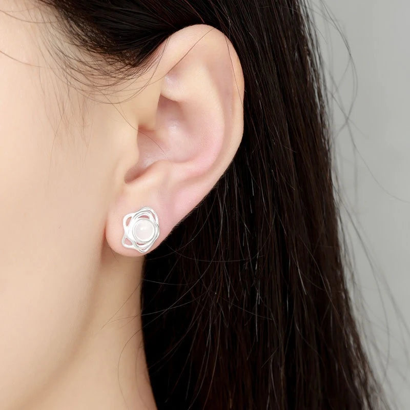 925 Sterling Silver Stud Earrings with Natural Onyx Stone Black and White Irregular Geometric Arc Design Stud Earrings for Women