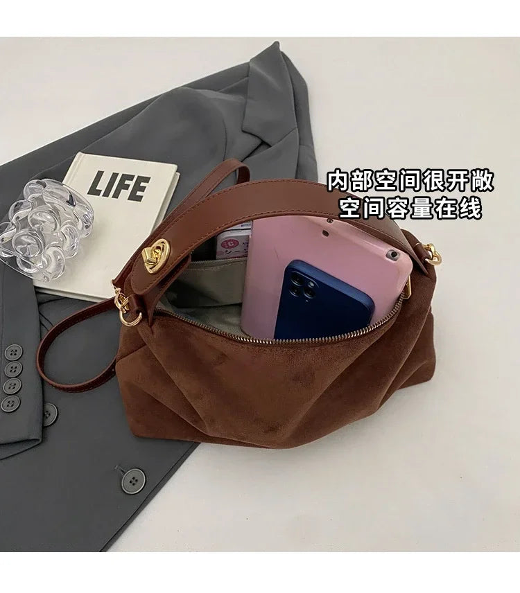 New Solid Color PU Zipper Women's Bag Suede Large Capacity Women's Shoulder Bag Fashion Versatile Casual Dual Purpose Handbag