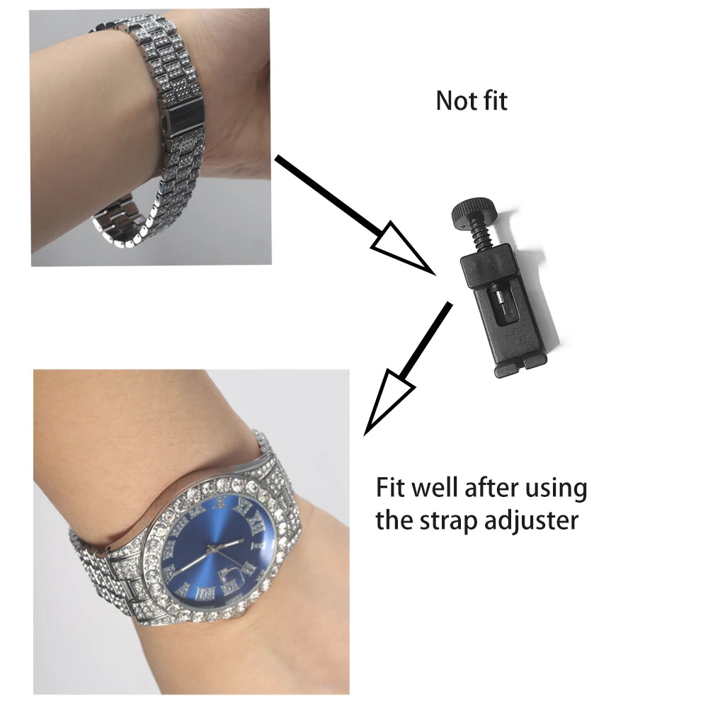 1pc Men Women Quartz Watch Iced Out Hip-hop Punk Full Diamonds Wrist Watch Bundled Size Adjuster Stylish Party Jewelry Gift Box