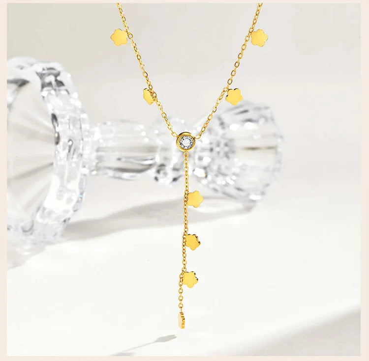 Flower Drop Necklace - Stainless Steel Y Shape Layered Floral Jewelry