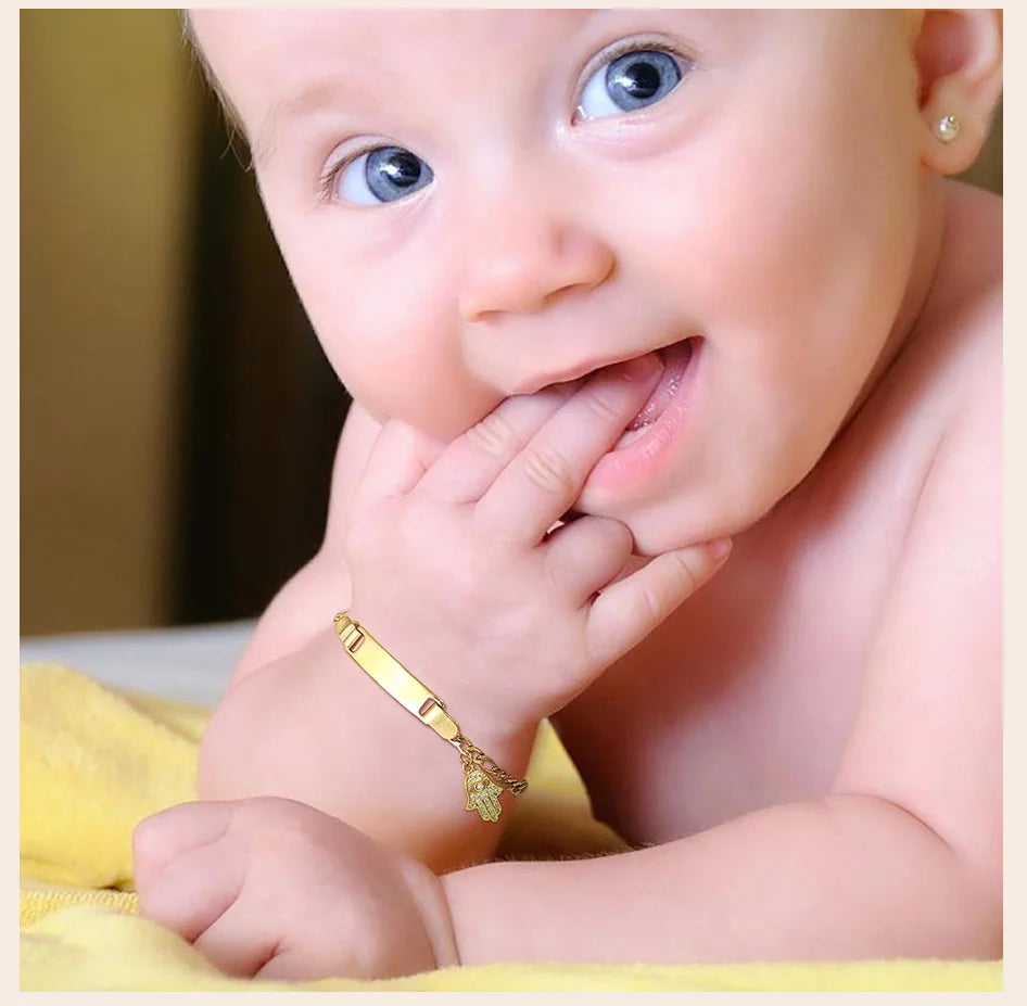 Hamsa Evil Eye Chain Bracelet  for Little Boy Girl, Engrave Customized Name Bracelet, Hand of Fatima Lucky Jewelery