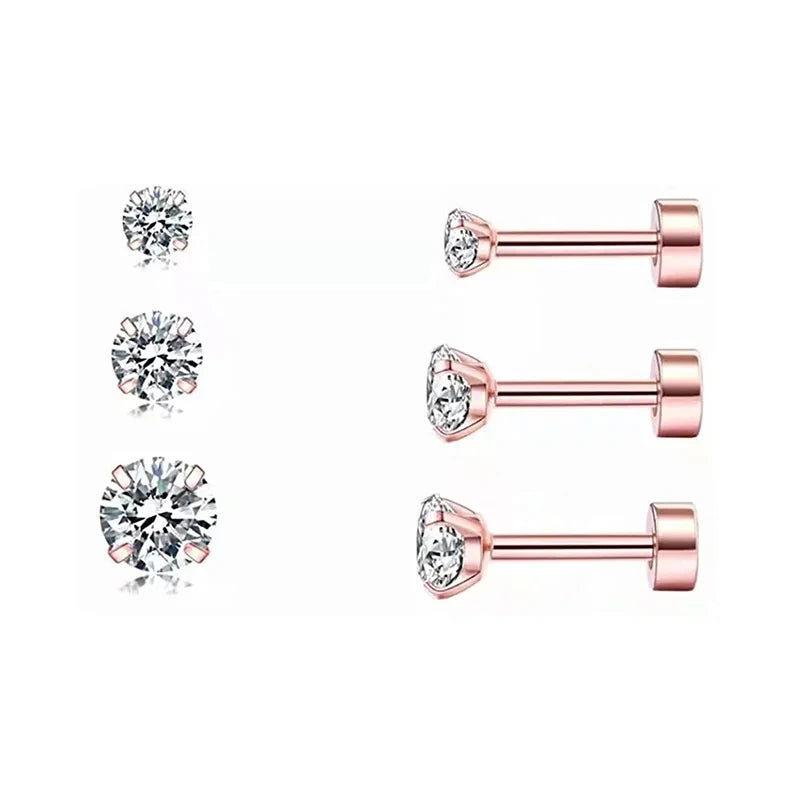 2 Pcs 18G Hypoallergenic Stud Earrings for Women Men Stainless Steel Flatback Earring Cubic Zirconia Earring Piercings