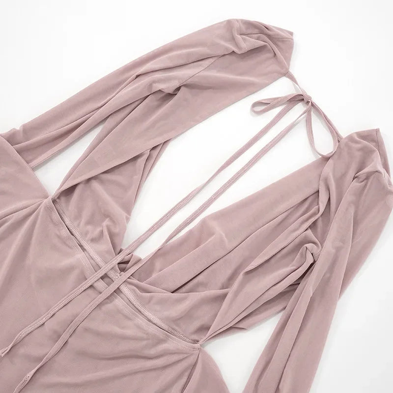 Women Swinging Collar See Through Mesh Bodycon Mini Dress Flare Long Sleeve Lace Up Ribbon Backless Holiday Cover Ups Clubwear