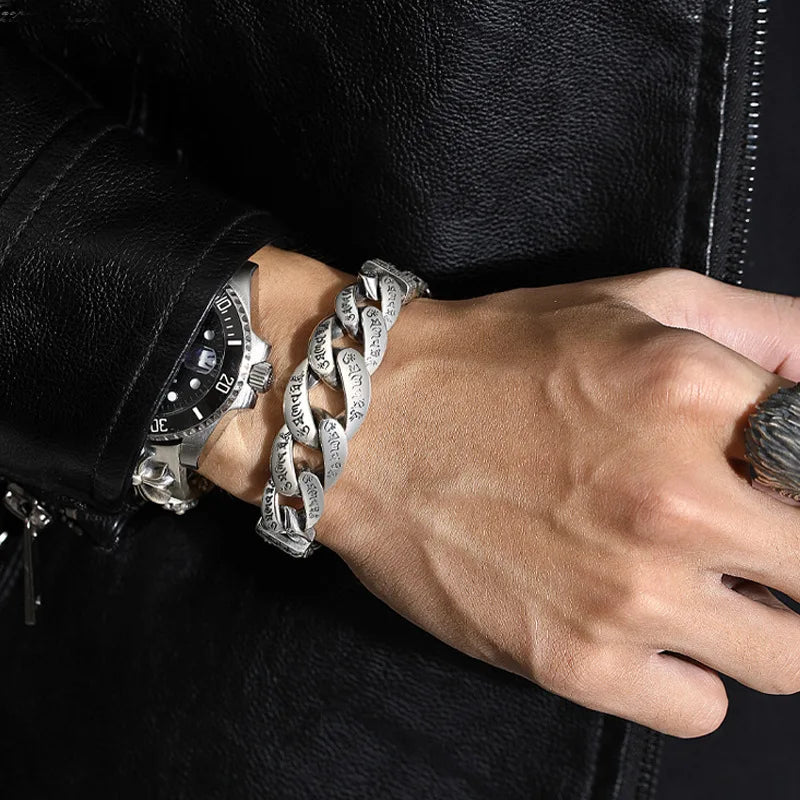 S925 Sterling Silver Personalized Men and Women Bracelets Six-Character Peace Pattern Cuban Chain Jewelry Exquisite Gift