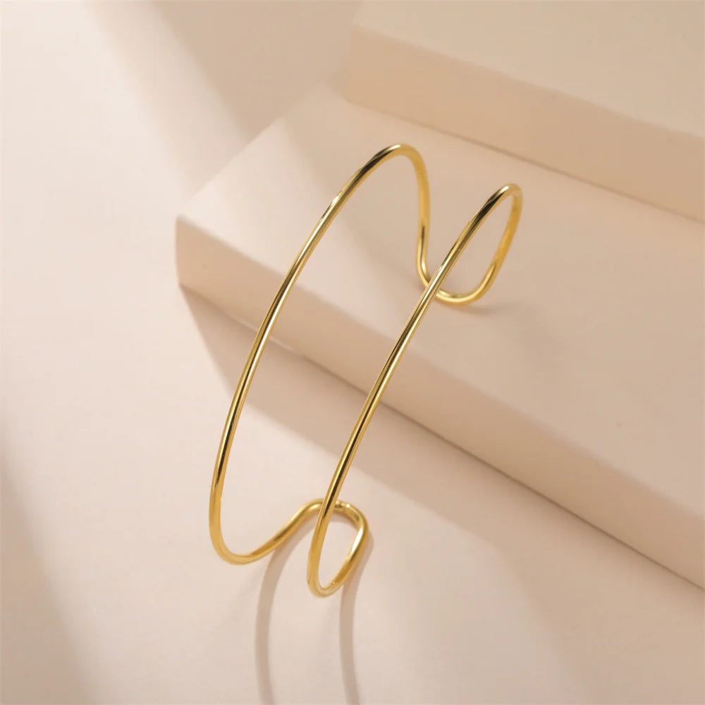 My Shape Simple C Shape for Women Stainless Steel Gold Color Adjustable Open Cuff Bangle Jewelry Double Layered Bracelets Gifts