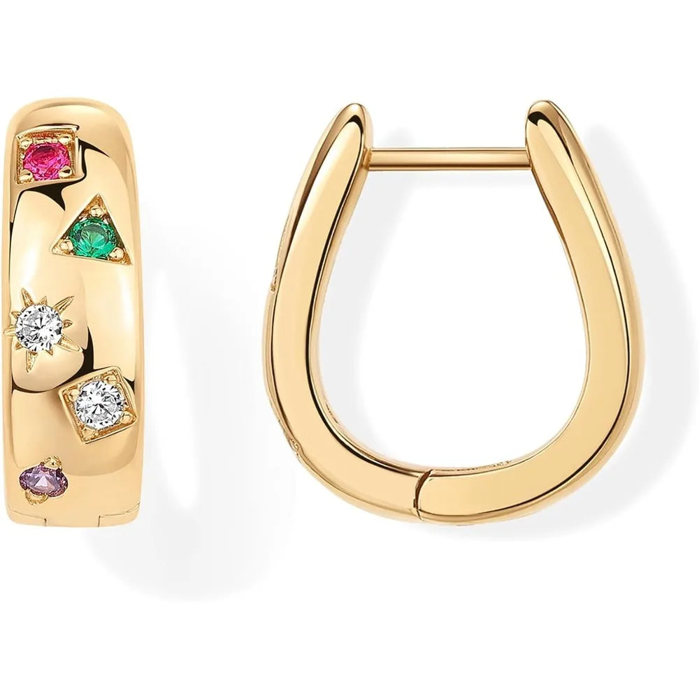 14K Gold Plated 925 Sterling Silver Posts Chunky Huggie Earrings for Women Multi-Colored Cubic Zirconia Statement Hoop Earrings