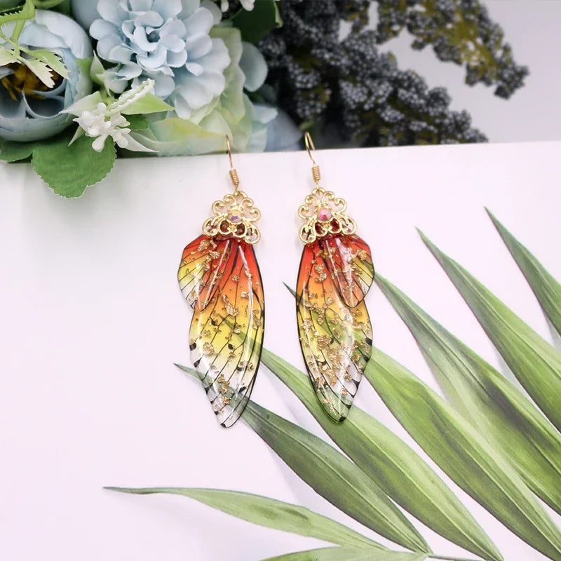 Handmade Fairy Simulation Wing Earrings Insect Butterfly Wing Drop Earrings Foil Rhinestone Earrings Romantic Bridal Jewelry