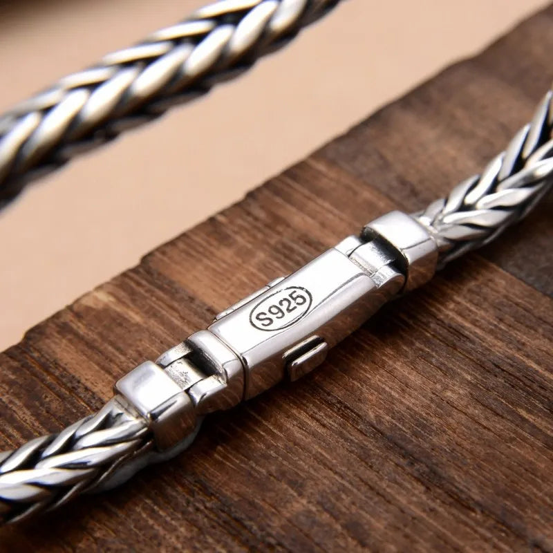 100% S925 Sterling Silver Handmade Woven Retro Domineering Style Personality Keel Man Woman Pure S925 Silver Bracelet Jewelry