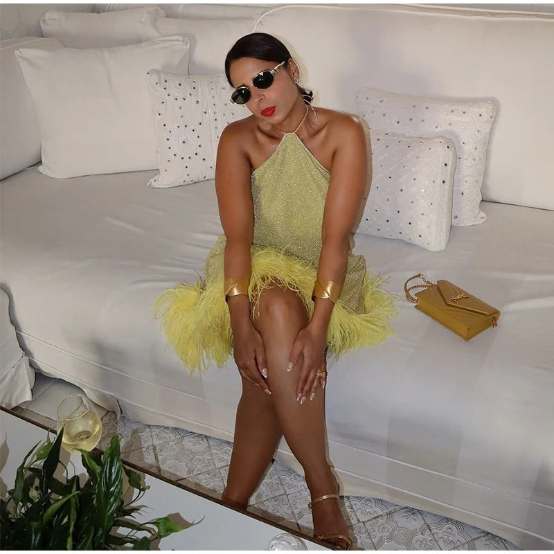 Sexy Feather Glitter Halter Short Dress Women Sleeveless Backless Yellow Female Party Dresses 2025 Summer Lady Beach A-line Robe