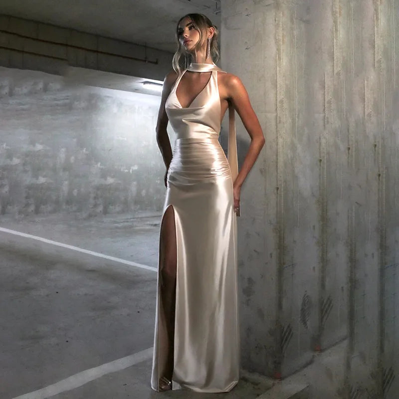 Sexy Satin Halter Dress - Ruched Slit Long Evening Gown