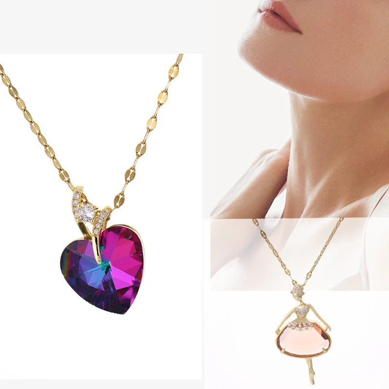 Versatile crystal necklace heart-shaped pendant collarbone chain ins jewelry woman bijoux acier inoxydable collar y2k accessorie