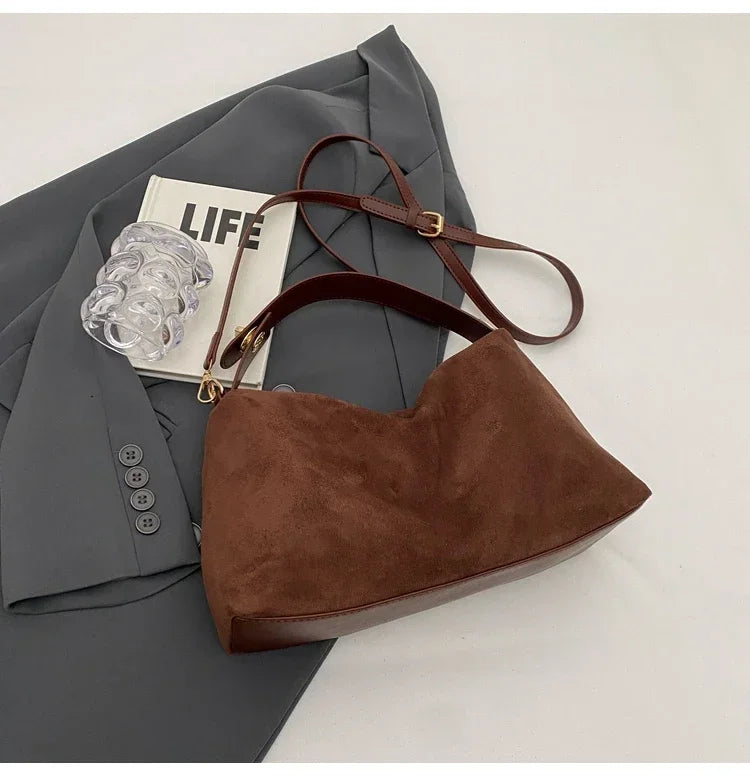 New Solid Color PU Zipper Women's Bag Suede Large Capacity Women's Shoulder Bag Fashion Versatile Casual Dual Purpose Handbag