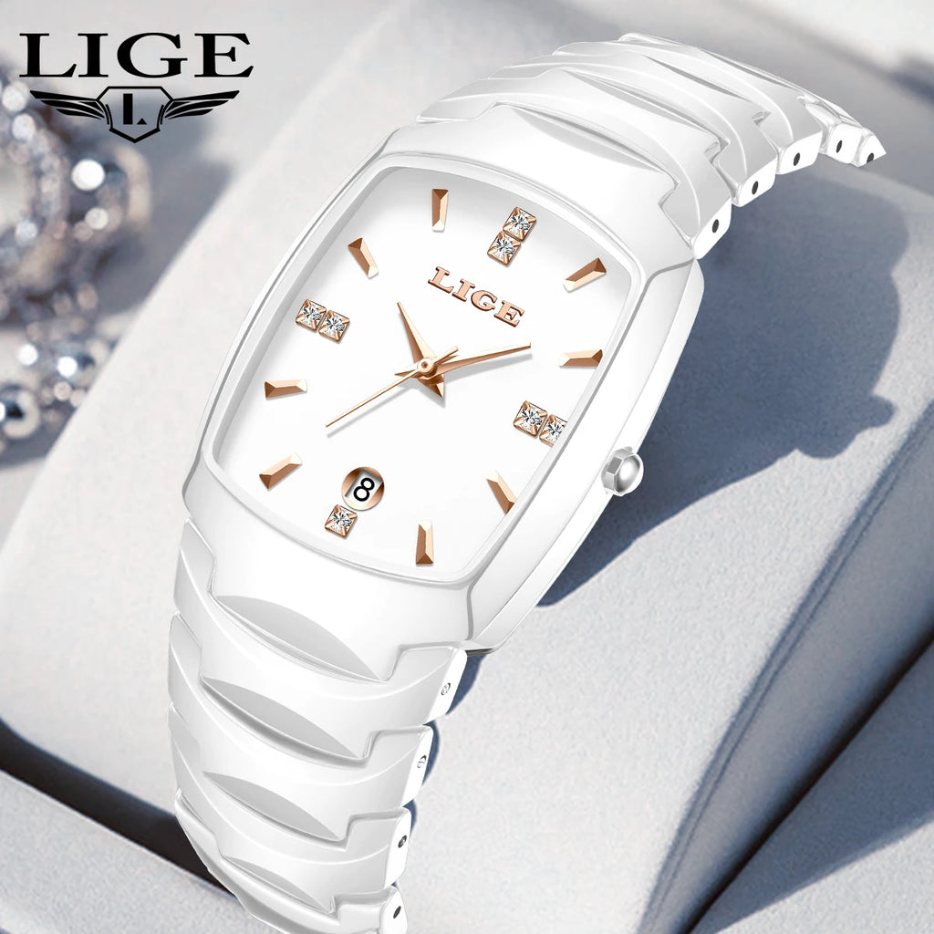 LIGE Fashion Luxury Ceramic Watch - Simple Elegant Calendar Women