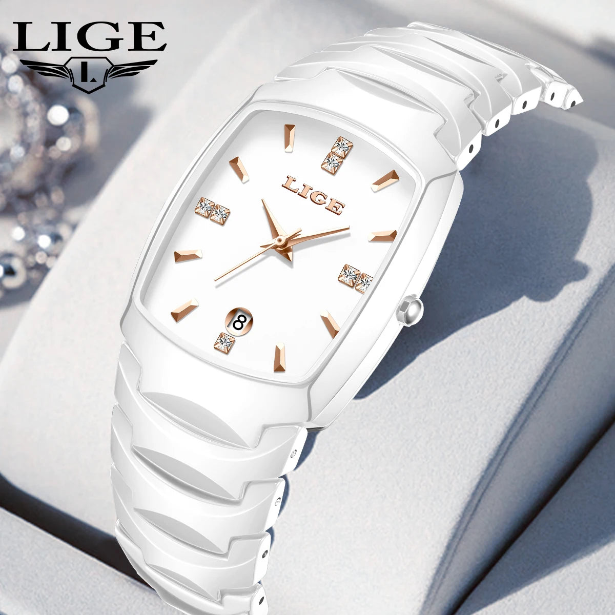 LIGE Fashion Luxury Ceramic Watch - Simple Elegant Calendar Women