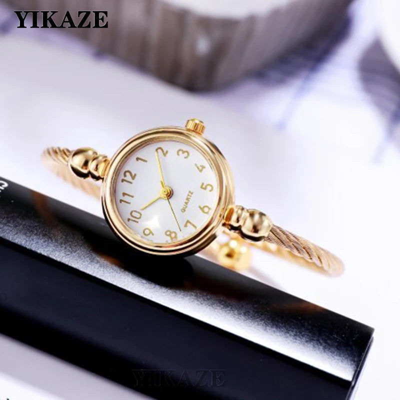 Small Gold Bangle Bracelet Watch - Retro Ladies Quartz Thin Chain