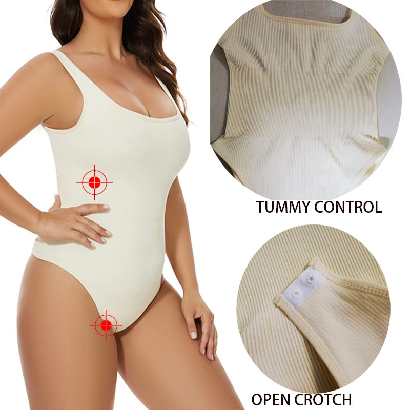 GUUDIA Ribbed Tummy Jumpsuit - Daily Shaper Bodysuit Open Crotch