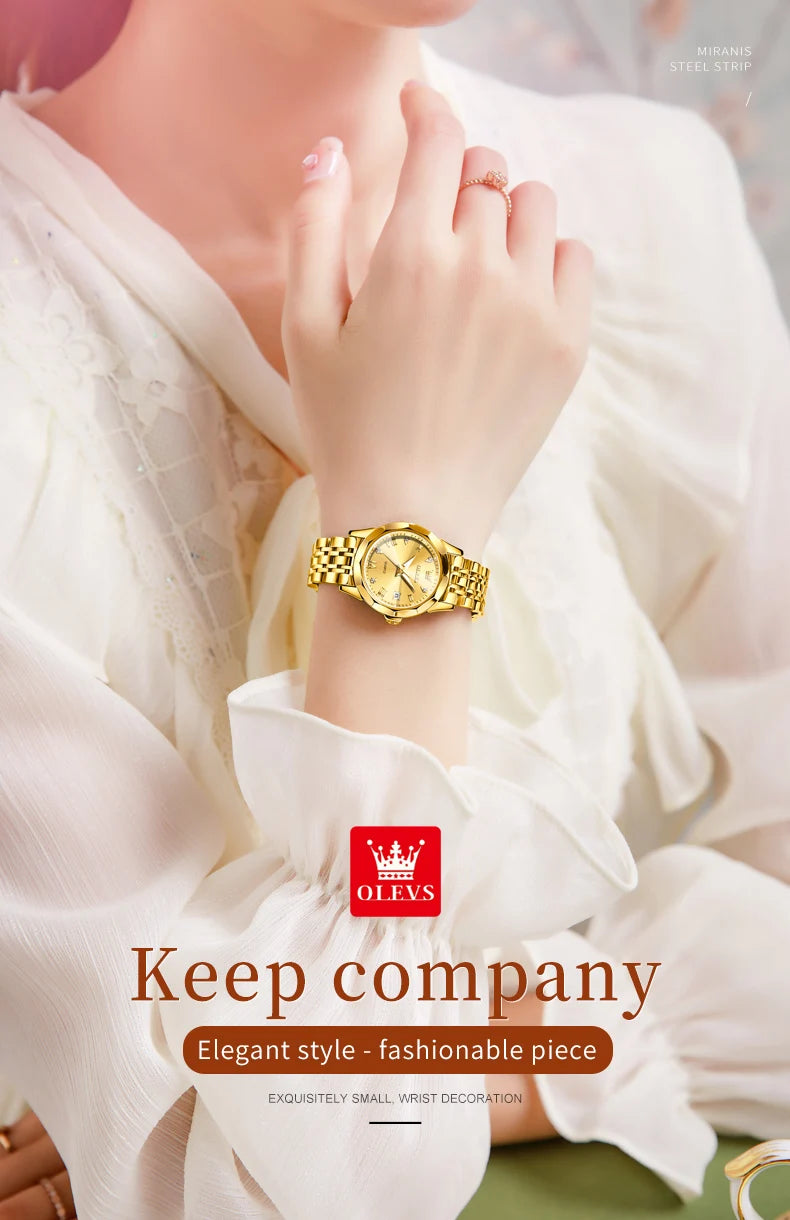 OLEVS Fashion Golden Watch for Women Stainless Steel Waterproof Women's Watches Elegant Original Luxury Ladies Quartz Wristwatch