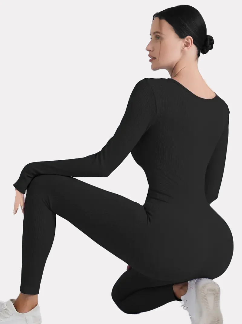 Solid Color Ribbed Yoga Jumpsuit, Seamless Slim Fit Long Sleeve Sports Bodysuit, Women's Activewear