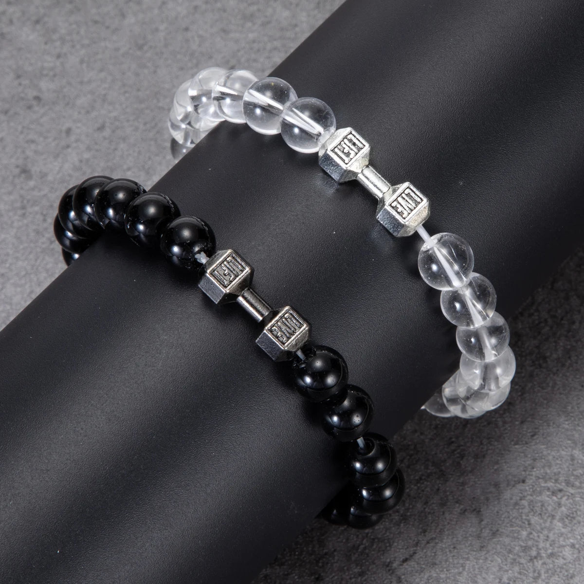 2pcs/Set Natural Stone Dumbbell Beaded Bracelet Black Beads Fitness Fit Life Prayer Bracelets Bangles Barbell Men Jewelry