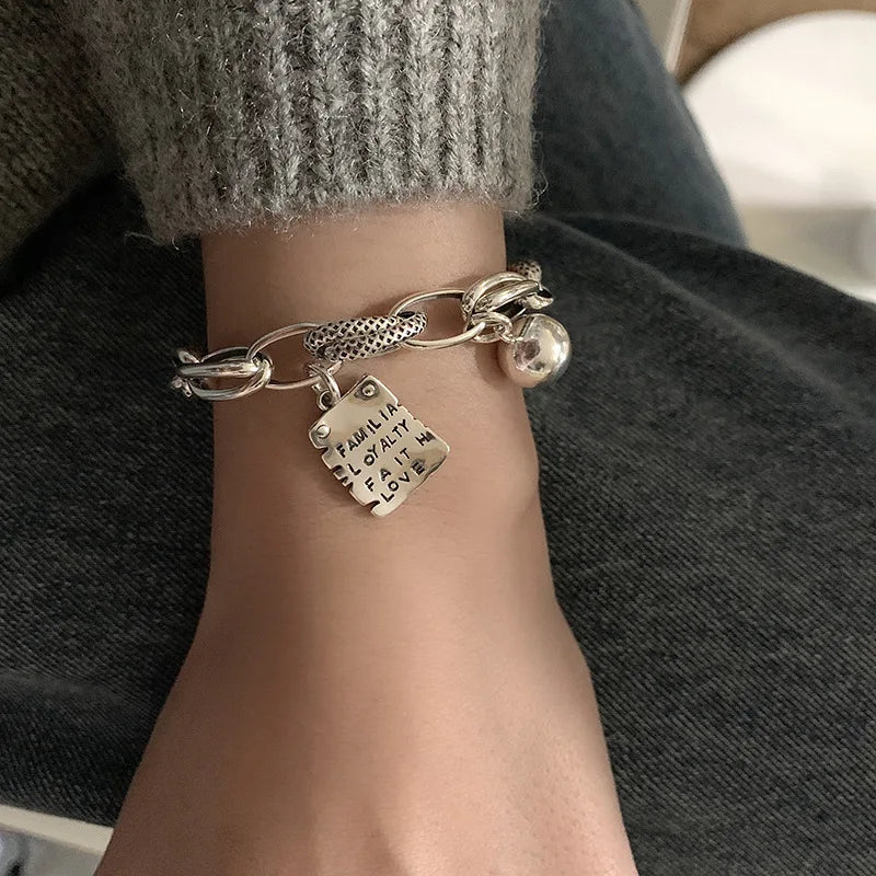 New 925 Silver Geometric Bead Punk Peace of Mind Words Irregular String Bracelet For Woman Girl Fashion Jewelry Gift Dropship