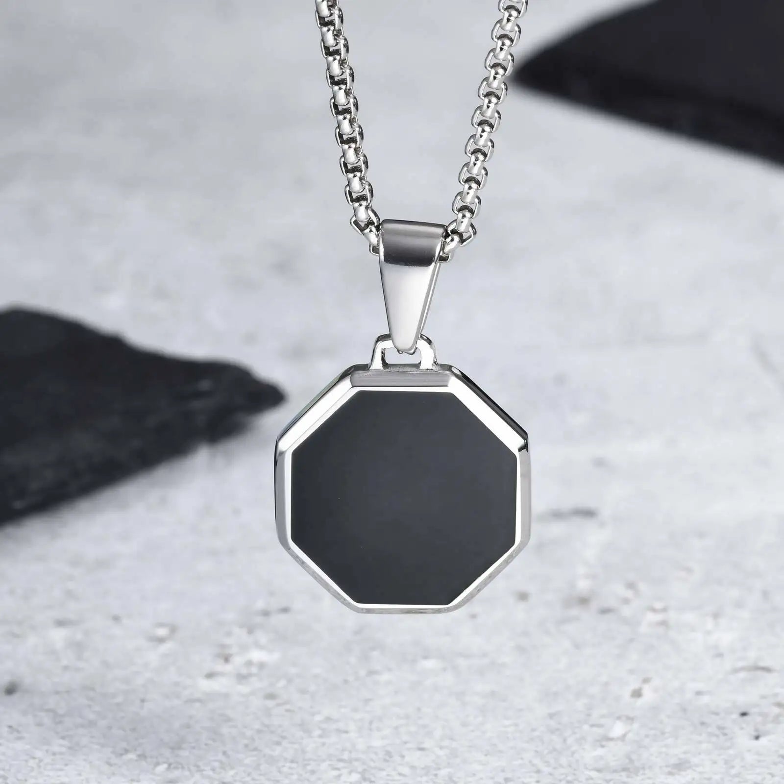 Casual Mens Geometric Square Necklaces,Black Enamel Rectangle Pendant with Rope Box Long Chain Collar,Stylish Jewelry Gifts