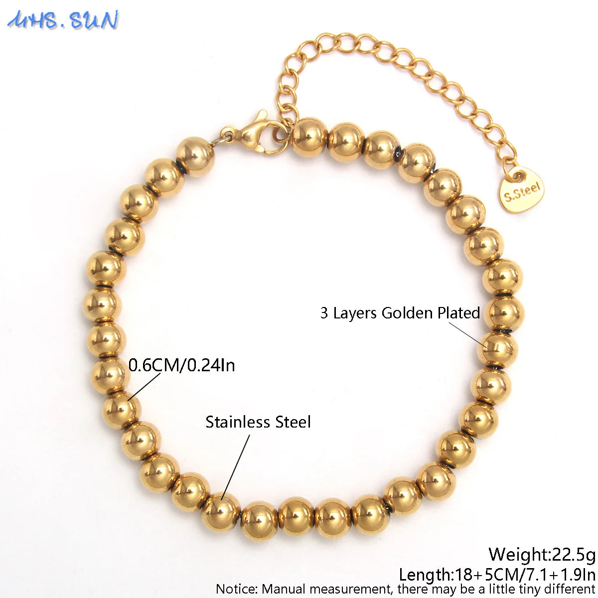 MHS.SUN Waterproof Smooth Beads Bracelet Adjustable Gold Silver Color Stainless Steel Round Balls Bracelets Unisex Party Jewelry