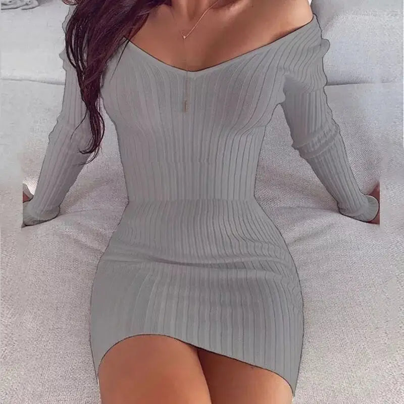 Sexy V-Neck Bodycon Dress - Long Sleeve Off Shoulder Mini Dress