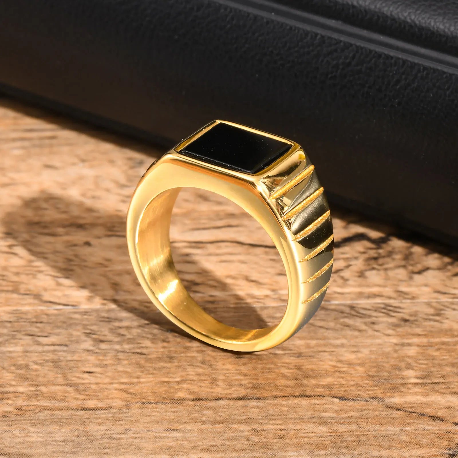 Black Stone Ring for Men,Gold Color Stainless Steel Square Ring Thumb Ring Signet Ring Wedding Ring,Classic Trendy Jewelry Gift