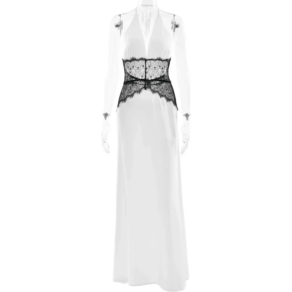Deep V-Neck Backless Dress - Lace Satin Halter Maxi Evening Gown