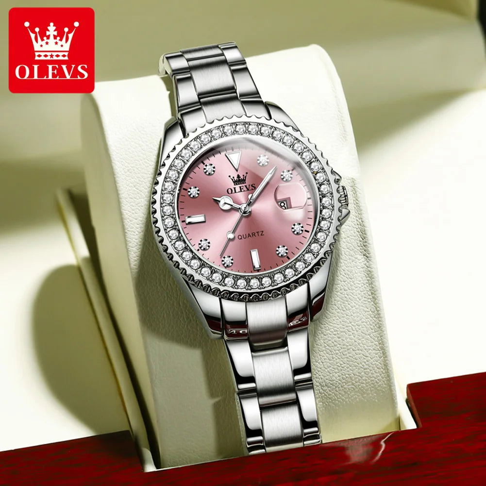 OLEVS 9945 Top Brand Original Quartz Watch for Women Luxury Diamond Lap Calendar Hand Clock Stainless Steel Ladies Wristwatches