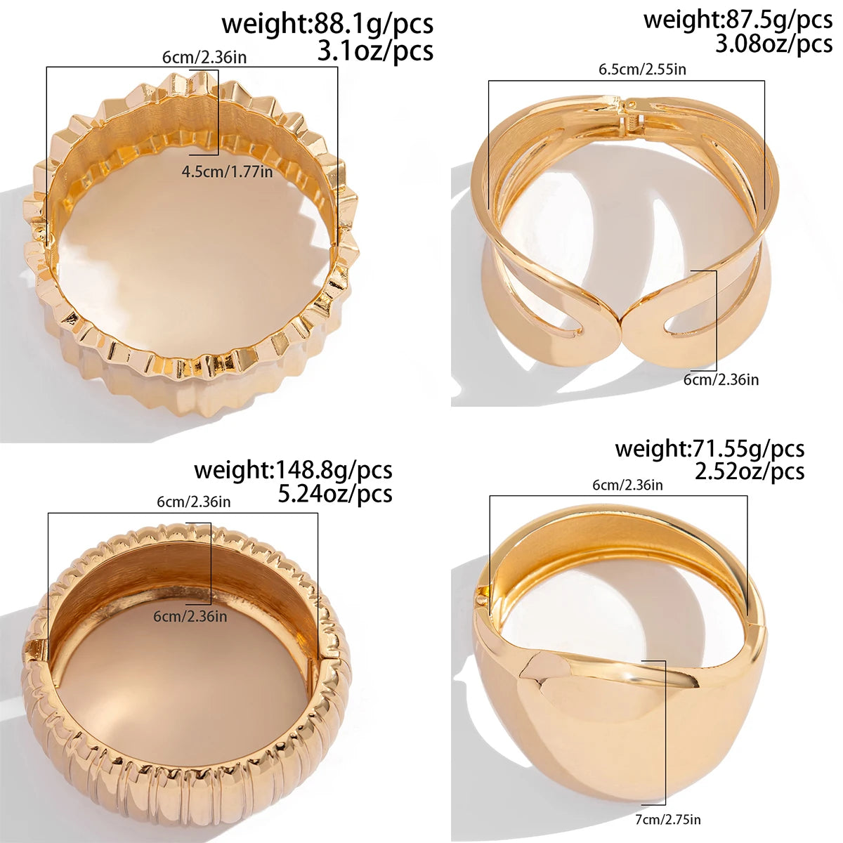 Ingemark 4 Styles Exaggerated Punk Smooth Big Chunky Open Cuff Bangles for Women Gold Color Spring Bracelets Men Hand Jewelry