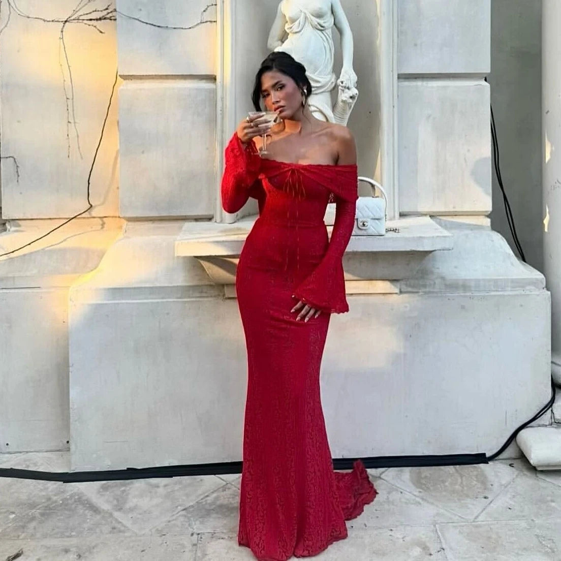 Suninheart Wedding Guest Dress - Off Shoulder Lace Flare Sleeve Maxi
