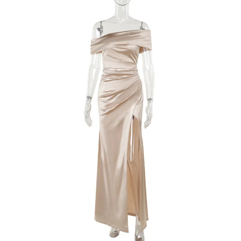 Sexy Satin Halter Dress - Ruched Slit Long Evening Gown