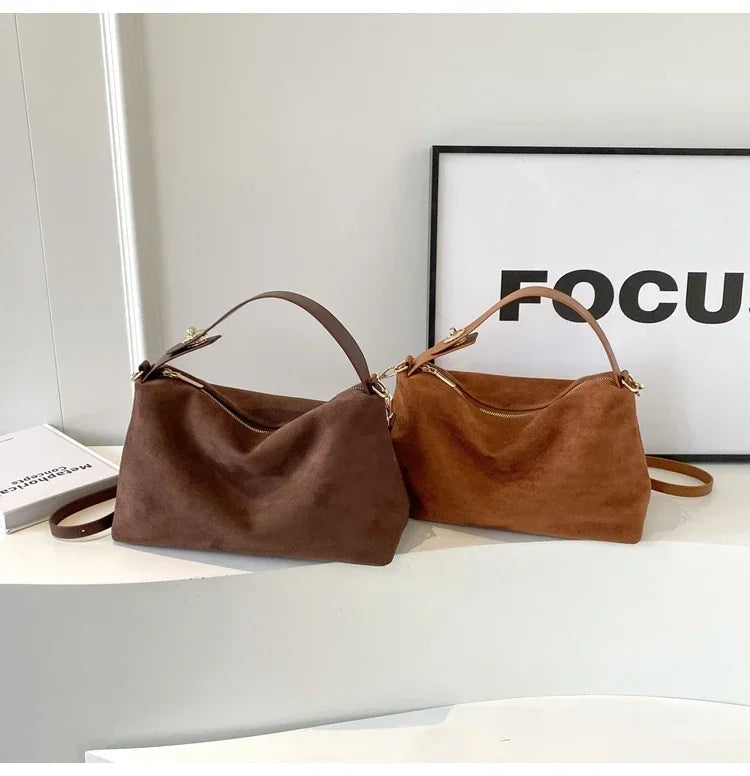 New Solid Color PU Zipper Women's Bag Suede Large Capacity Women's Shoulder Bag Fashion Versatile Casual Dual Purpose Handbag