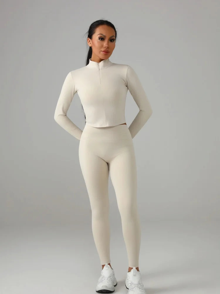 Women's Solid Color Sports Set Long - Sleeve Top + Pants Yoga Fitness Outfit Breathable Quick - Dry Tracksuit