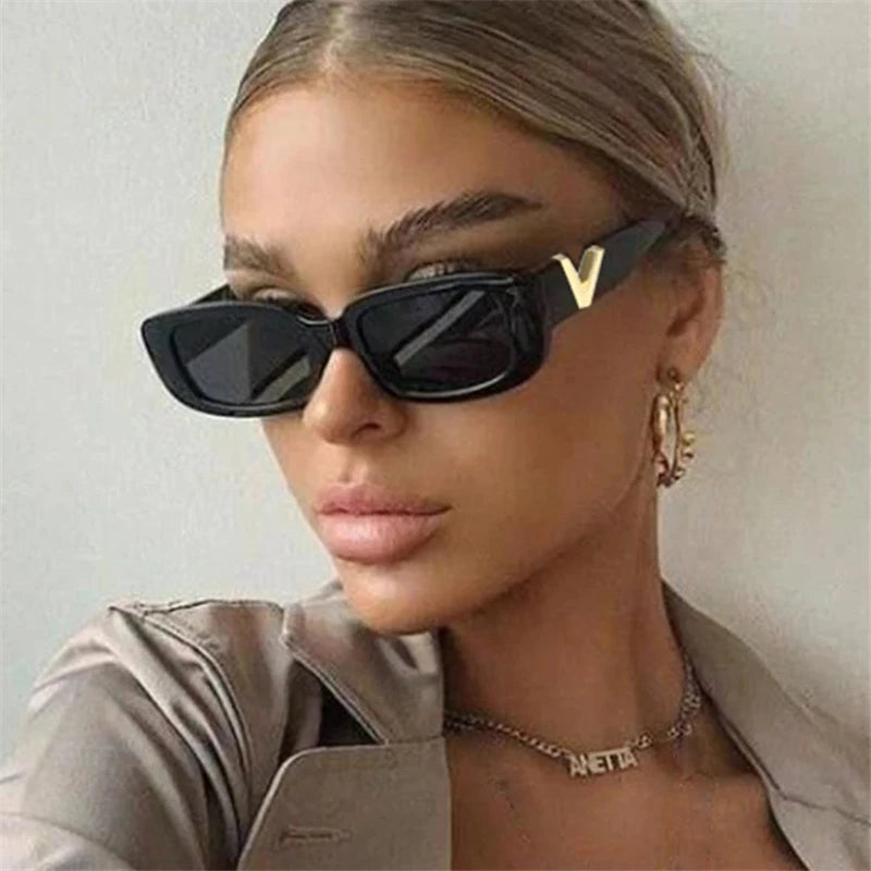 Retro Rectangle Small Frame Sunglasses - Vintage Designer Black Women