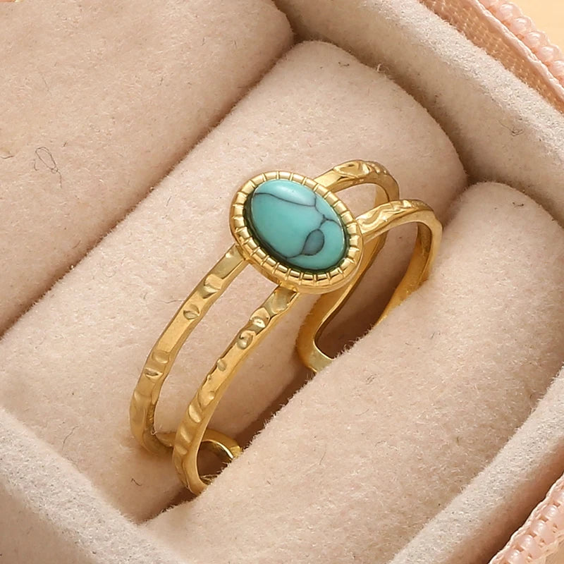 Inlaid Natural Stone Stainless Steel Engagement Rings for Women Adjustable Opening Simplicity Vintage Ring Fashion Jewelry