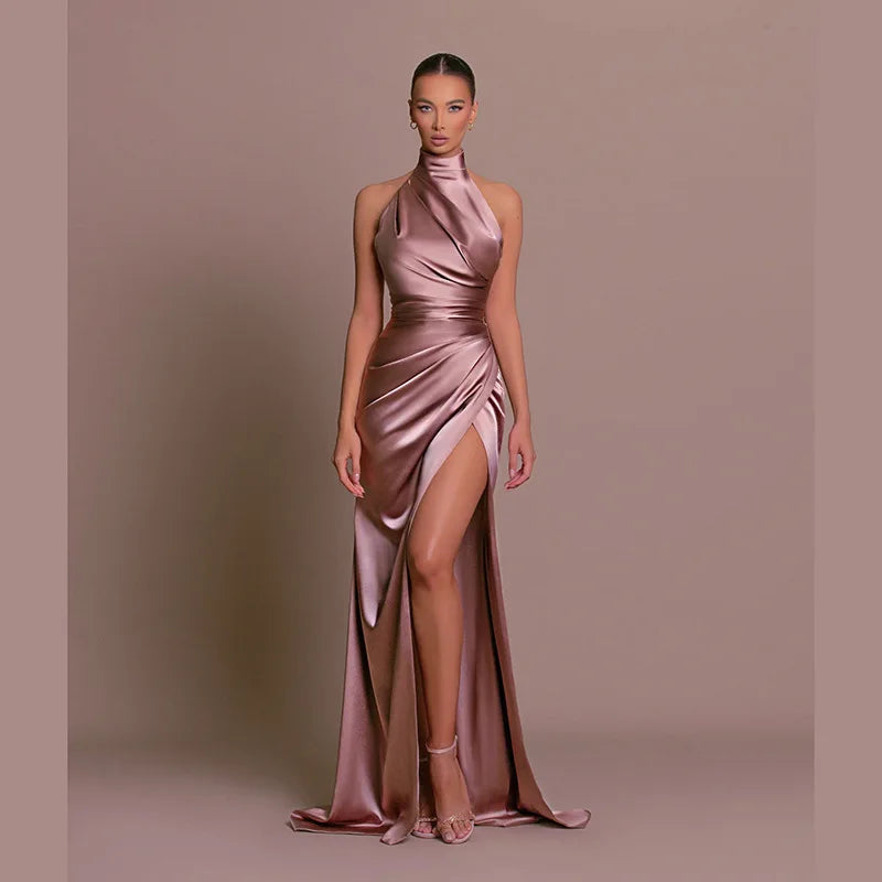 Sexy Satin Halter Dress - Ruched Slit Long Evening Gown
